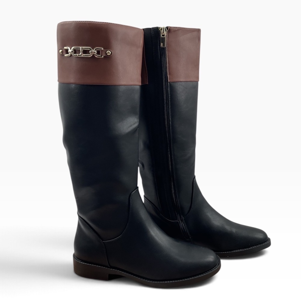 Jones New York Womens Two Tone Black Brown Chain Riding Boots Tall Knee High
